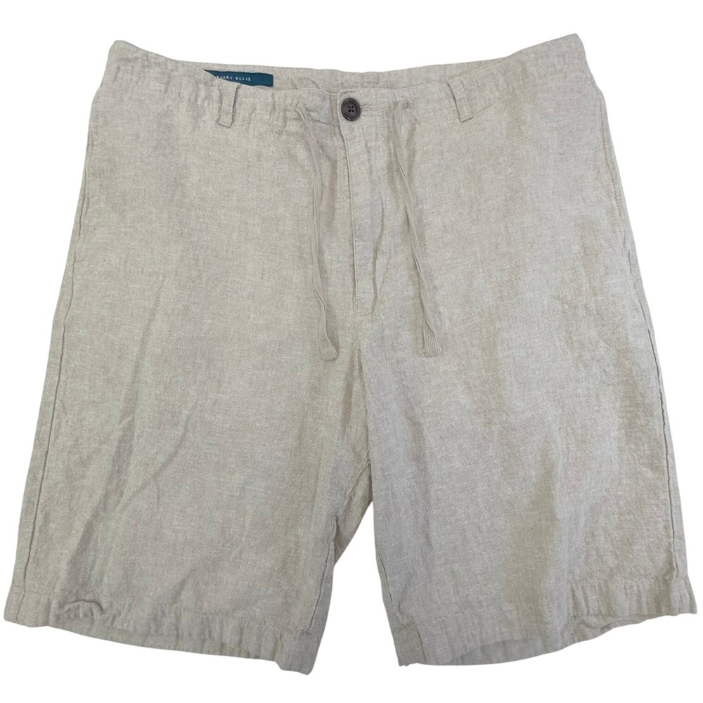 Perry Ellis Shorts Mens 32 Beige Linen Cotton Blend Drawstring Flat Front Summer